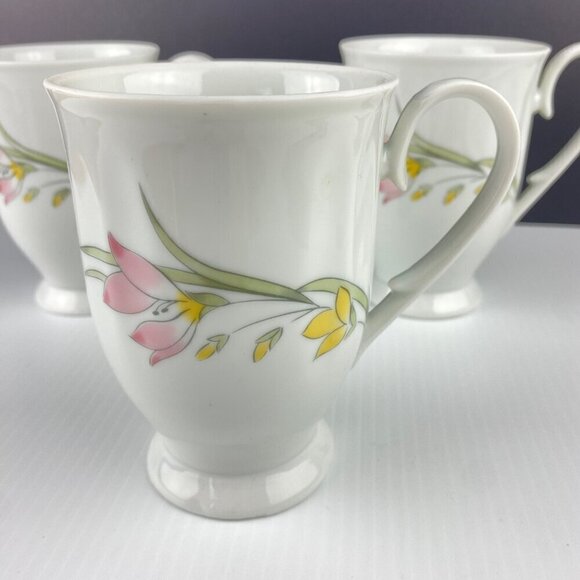 French Garden Pedestal Tea Cups / Mugs Set of 3 with Three Flower Pattern 8oz - Picture 1 of 8